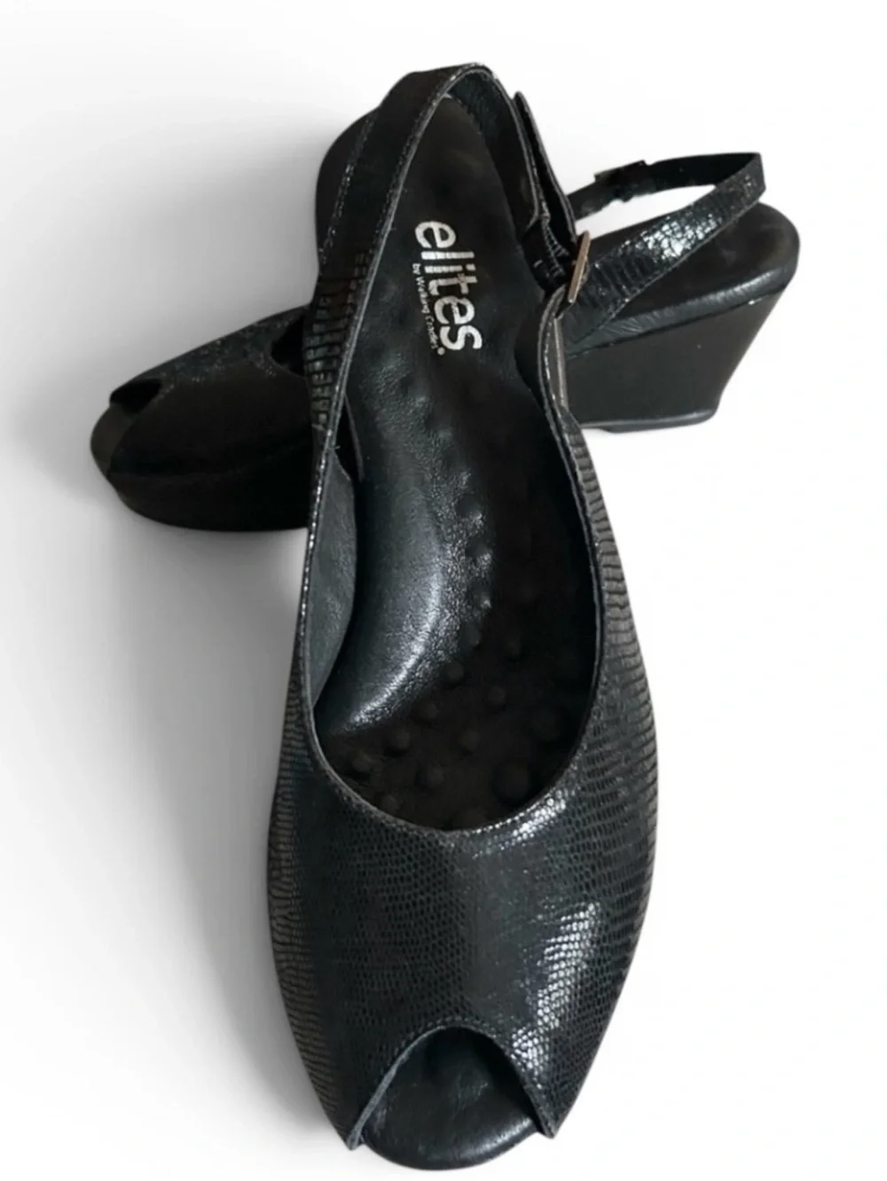 Elites by Walking Cradles Black Reptile Print Slingback Peep Toe Wedges Size 8
